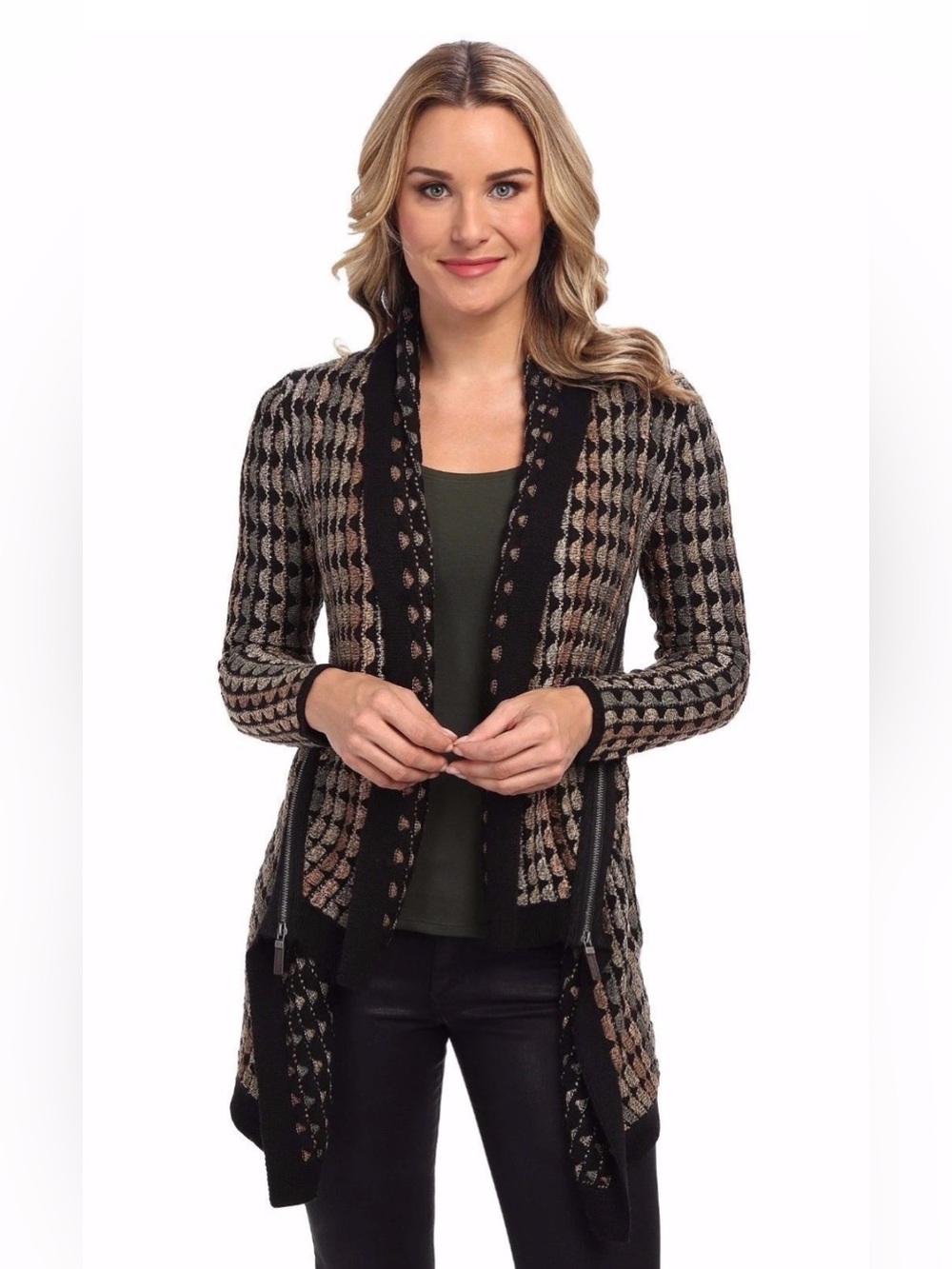 NIC+ZOE Cardigan Asymmetrical Black Brown Pattern Sweater Zipper Detail Women L
